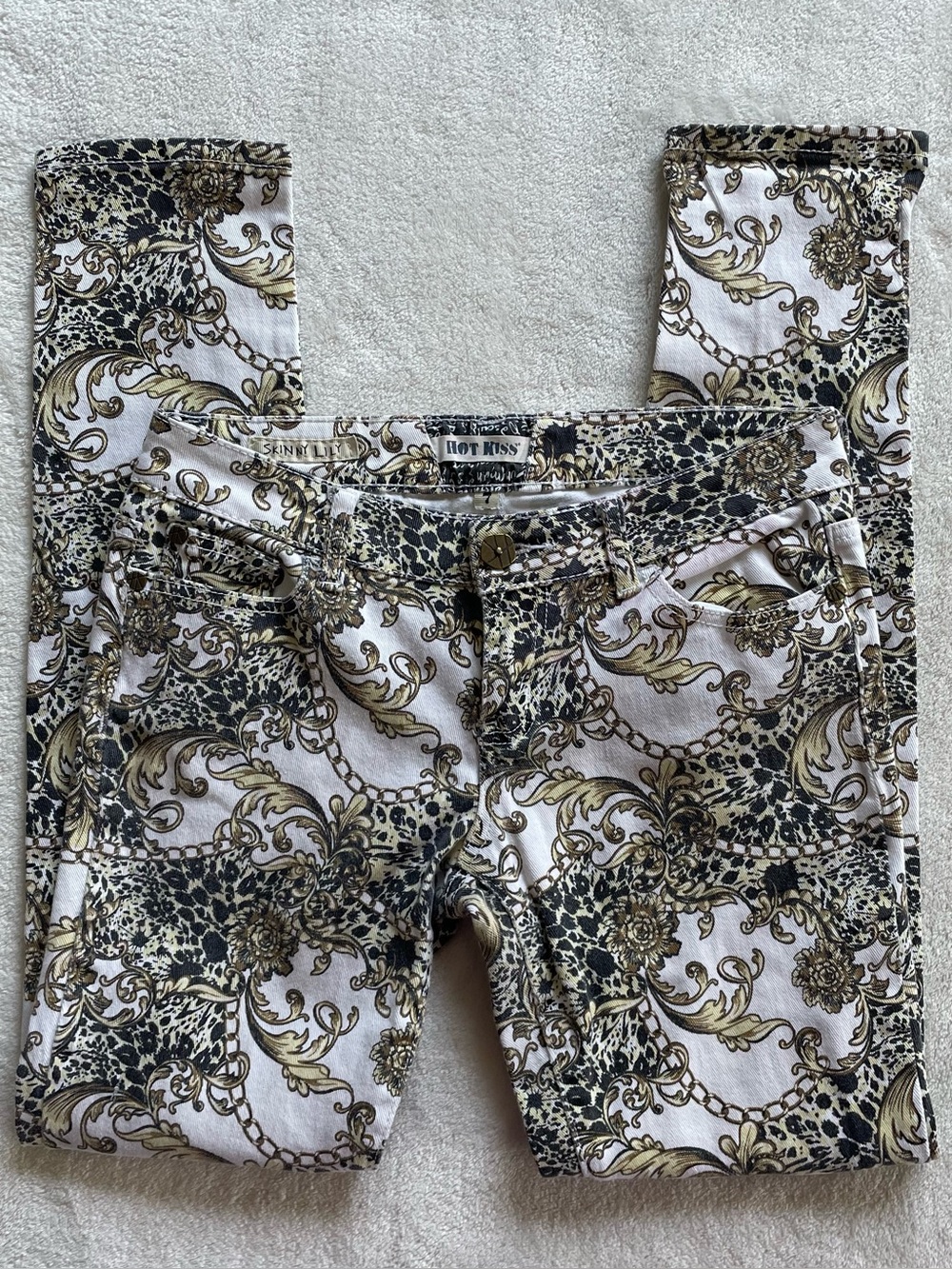 HOT KISS Skinny Lilly White and Gold Decor Print Jeans size 7 - Picture 2 of 13